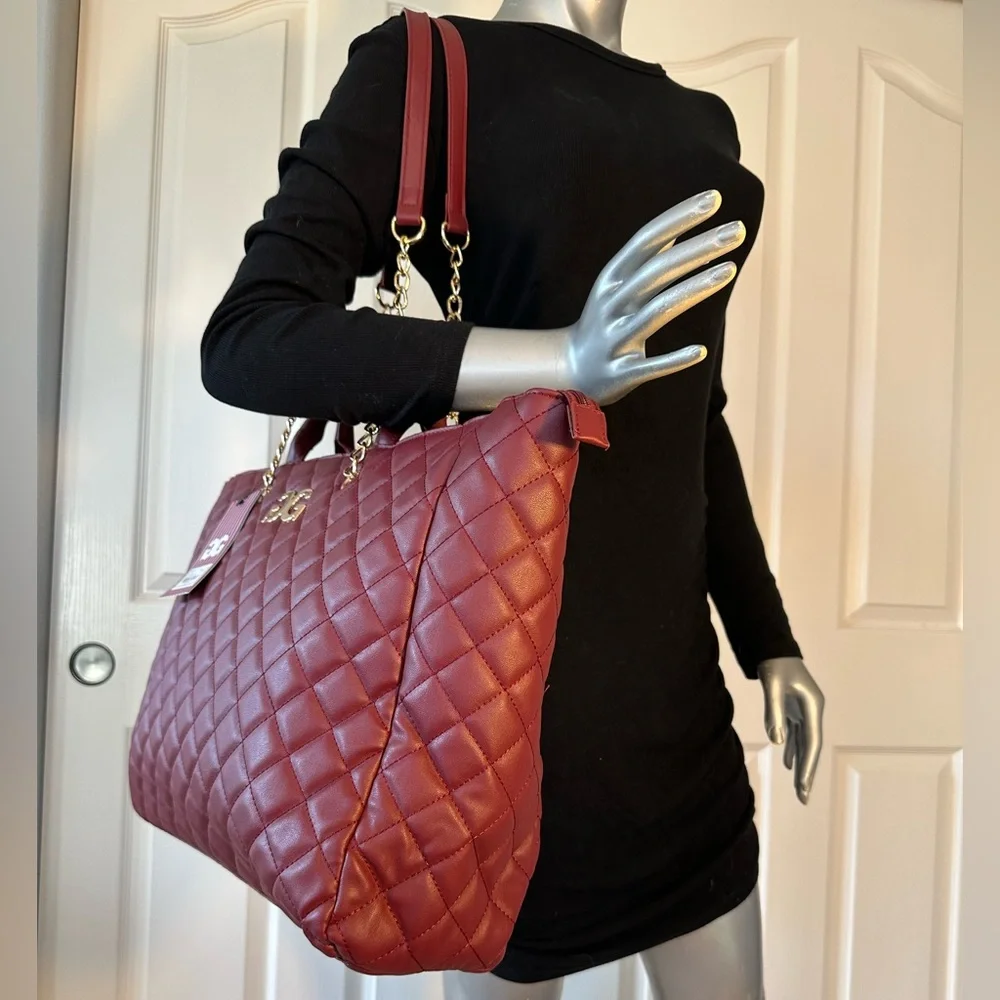 GILDA PARIS | Quilted Tote Large Tote Bag Wine Red with Gold Hardware NWT